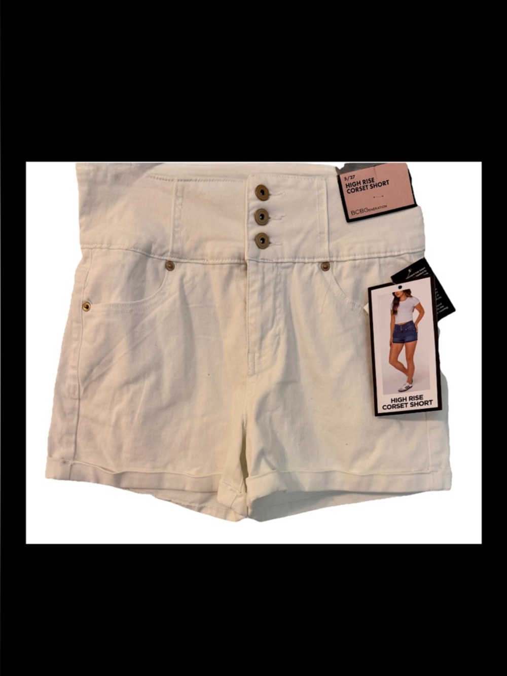 NWT BCBG High Rise Corset  Short Womens Size 5/27 White 3 Button Cuffed Shorts